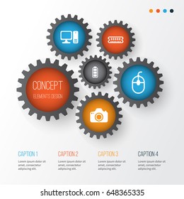 Computer Hardware Icons Set. Collection Of Desktop Computer, Control Device, Accumulator Sign And Other Elements. Also Includes Symbols Such As Camera, Desktop, Dynamic.