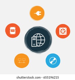 Computer Hardware Icons Set. Collection Of Connected Devices, Connector, Cpu And Other Elements. Also Includes Symbols Such As Cooler, Internet, Ventilator.