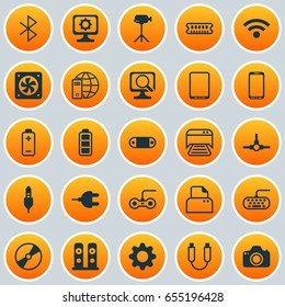 Computer Hardware Icons Set. Collection Of Connector, Cd-Rom, Camera And Other Elements. Also Includes Symbols Such As Connector, Distribution, Video.