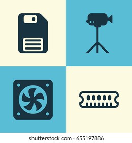 Computer Hardware Icons Set. Collection Of Computer Ventilation, Dynamic Memory, Diskette And Other Elements. Also Includes Symbols Such As Dynamic, Floppy, Cooler.