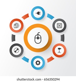 Computer Hardware Icons Set. Collection Of Cd-Rom, Connector, Control Device And Other Elements. Also Includes Symbols Such As Disk, Dvd, Setting.