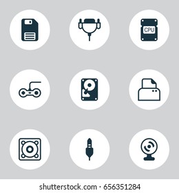 Computer Hardware Icons Set. Collection Of Aux Cord, Cpu, Web Camera And Other Elements. Also Includes Symbols Such As Floppy, Console, Bass.