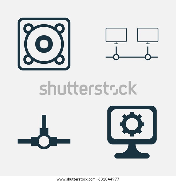 Computer Hardware Icons Set.\
Collection Of Connected Devices, Network Structure, Music And Other\
Elements. Also Includes Symbols Such As Setting, Gear,\
Connection.