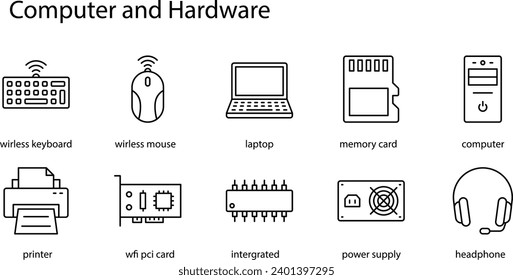 
Computer hardware icons set refers to the tangible, physical components of a computer system that collectively enable it to function. 