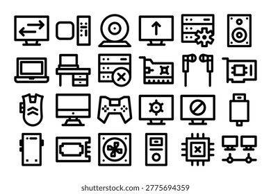 Computer Hardware Icons Set or Simple Line Art Computer Icons Collection