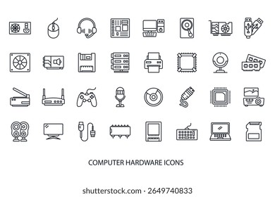 conjunto de ícones de hardware de computador, conjunto de hardware de computador vetor isolado no plano de fundo branco Design de estilo plano