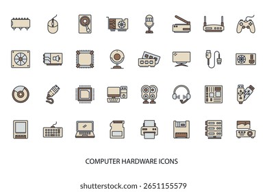 computer hardware icons set, computer hardware set vector isolated on White Background Flat style design