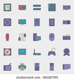 Computer hardware icons set - vector collection of flat PC components symbols