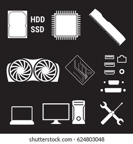 Computer hardware icons set. White on a black background