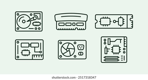 Computer hardware internal parts line illustration icon set design