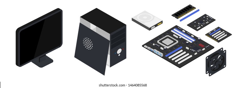 Computer hardware isometric vector illustration. Modern computer parts, electronics details repairing. Processor, motherboard, hard drive, fan isolated 3d clipart. Technology, device maintenance