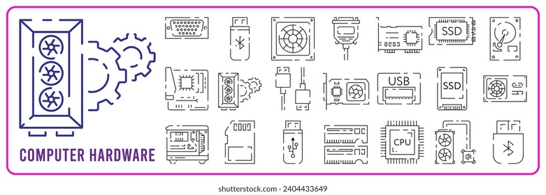 Computer hardware line icon set. Graphic card or processor and RAM. GPU or CPU and cooler. Case with motherboard. Vector SSD cable with fan. Computer details