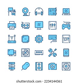 Iconos de la línea de hardware del equipo. Color azul. Conjunto de iconos de línea de vector