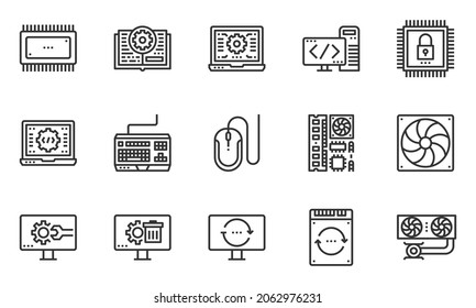 Computer Hardware Line Icons, Cooling System, Software,laptop