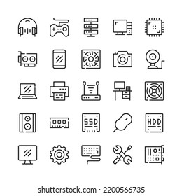 Computer hardware line icons. Outline symbols. Vector line icons set