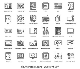 Computer Hardware Line Icons, Pixel Perfect Design Simple Set For Using In Website Graphics Report Logo Infographics, Best Quality Outline Symbol Collection Icon Vector Illustration 
