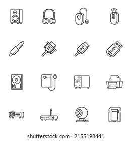 Computer hardware line icons set, computer components outline vector symbol collection, linear style pictogram pack. Signs, logo illustration. Set includes icons as desktop pc, webcam, Hdd, USB stick