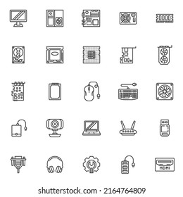 Icons für Computerhardware-Linien eingestellt. Sammlung von linearen Stilsymbolen, Umrissbeschriftung. PC-Komponenten, Vektorgrafiken. Set beinhaltet Symbole wie Computermonitor, CPU-Prozessor, Laptop, Festplatte, hdmi 