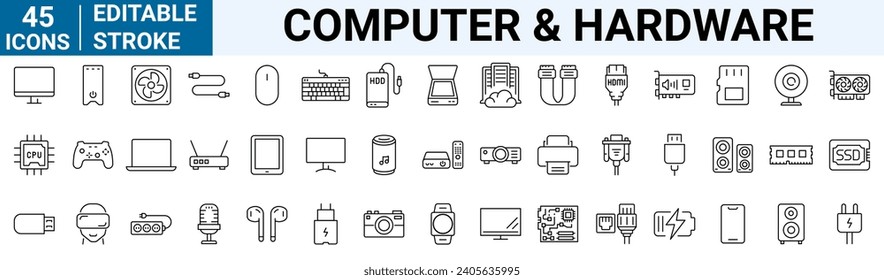 Computer and Hardware line web icons. PC, such as RAM memory, hdd, ssd cpu processor. Keyboard mouse headphone speakers, laptop monitor server. Webcam, printer. Editable stroke.