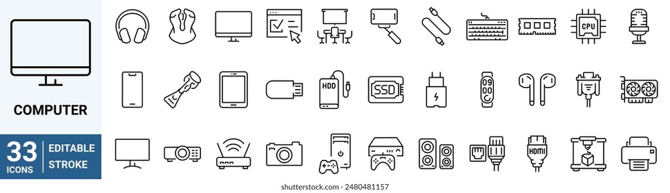 Computer and Hardware line web icons. PC, such as RAM memory, hdd, ssd cpu processor. Keyboard mouse headphone speakers, laptop monitor server. 