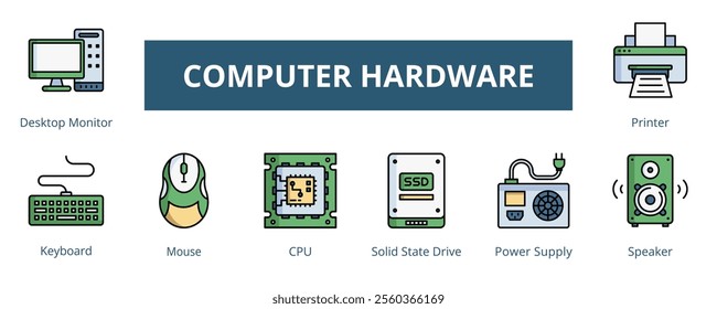 Computer Hardware Lineal Color Banner Web Icon Set Vector Illustration