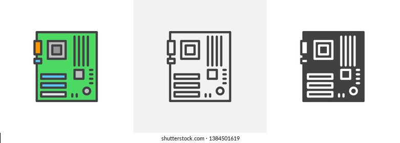 Computer hardware, motherboard icon. Line, glyph and filled outline colorful version, motherboard slot outline and filled vector sign. Symbol, logo illustration. Different style icons set