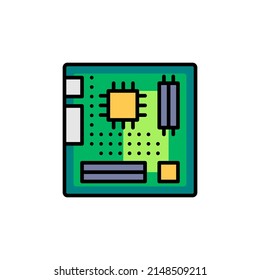 Hardware del equipo, icono de la motherboard. Versión de color de línea, glifo y contorno relleno, contorno de ranura de placa base y signo vectorial relleno. Símbolo, ilustración del logotipo. Conjunto de iconos de estilo diferente