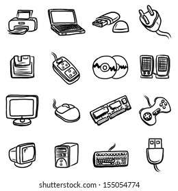computer and hardware objects or icons set / 16 objects, cartoon vector and illustration, hand drawn, sketch style, isolated on white background.