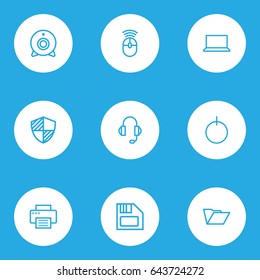 Computer Hardware Outline Icons Set. Collection Of Peripheral, Earphones, Floppy And Other Elements. Also Includes Symbols Such As Computer, Peripheral, Protect.