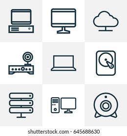 Computer Hardware Outline Icons Set. Collection Of Display, Modem, Laptop And Other Elements. Also Includes Symbols Such As Computer, Display, Datacenter.