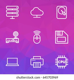 Computer Hardware Outline Icons Set. Collection Of Modem, Peripheral, Hard Disk And Other Elements. Also Includes Symbols Such As Mouse, Floppy, Motherboard.