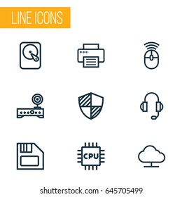 Computer Hardware Outline Icons Set. Collection Of Printer, Floppy, Peripheral And Other Elements. Also Includes Symbols Such As Device, Router, Headphone.