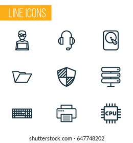 Computer Hardware Outline Icons Set. Collection Of Printer, File, Keypad And Other Elements. Also Includes Symbols Such As File, Laptop.