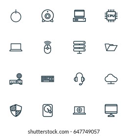 Computer Hardware Outline Icons Set. Collection Of Cpu, Protect, Camera And Other Elements. Also Includes Symbols Such As Keypad, Web, Modem.