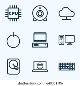 Computer Hardware Outline Icons Set. Collection Of Storage, Cpu, PC And Other Elements. Also Includes Symbols Such As Central, Internet, Hard.