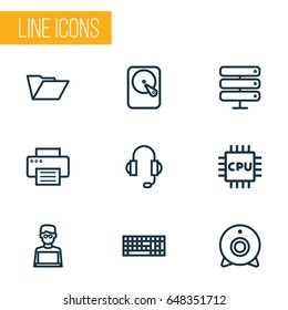 Computer Hardware Outline Icons Set. Collection Of Earphones, Hard Disk, Cpu And Other Elements. Also Includes Symbols Such As Print, Datacenter, Headphone.