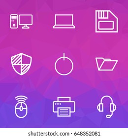 Computer Hardware Outline Icons Set. Collection Of File, Protect, Power And Other Elements. Also Includes Symbols Such As Press, Laptop, Notebook.
