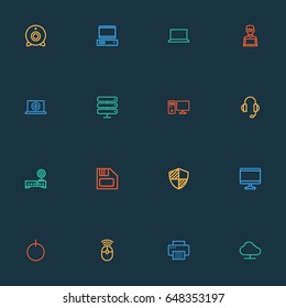 Computer Hardware Outline Icons Set. Collection Of Computer, Camera, Floppy And Other Elements. Also Includes Symbols Such As Connect, Screen, Storage.