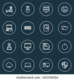 Computer Hardware Outline Icons Set. Collection Of Modem, Keypad, Hard Disk And Other Elements. Also Includes Symbols Such As Laptop, Datacenter, Printer.