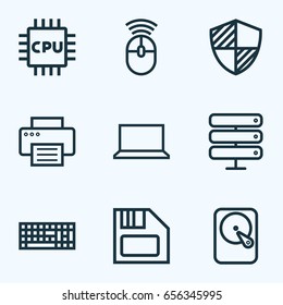 Computer Hardware Outline Icons Set. Collection Of Cpu, Protect, Hard Disk And Other Elements. Also Includes Symbols Such As Notebook, Print, Mouse.