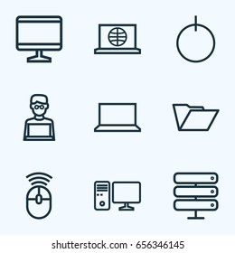 Computer Hardware Outline Icons Set. Collection Of File, Datacenter, Peripheral And Other Elements. Also Includes Symbols Such As Internet, Remote, Start.