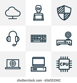 Computer Hardware Outline Icons Set. Collection Of Cpu, Keypad, Storage And Other Elements. Also Includes Symbols Such As Protect, Storage, Personal.