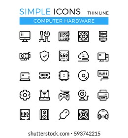 Conjunto de iconos de línea delgada vectorial de componentes, piezas de PC y hardware de PC. 32x32 px. Diseño gráfico de línea moderna para sitios web, diseño web, aplicación móvil, infografías. Conjunto de iconos de contorno de vector perfecto de píxeles.