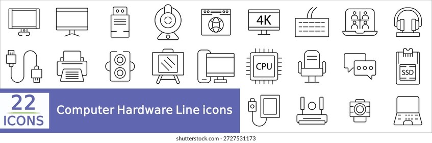 Computerhardware und Peripheriegeräte - Icons Pack. Symbole mit dünner Linie gesetzt. Set mit flachen Symbolen.