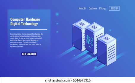 Computer hardware, server room, rack, digital technology, data center, three computer stay on row isometric vector illustration