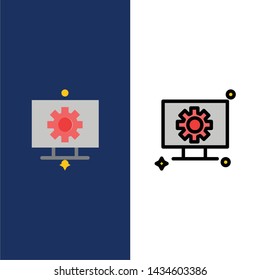 Computer, Hardware, Setting, Gear  Icons. Flat and Line Filled Icon Set Vector Blue Background