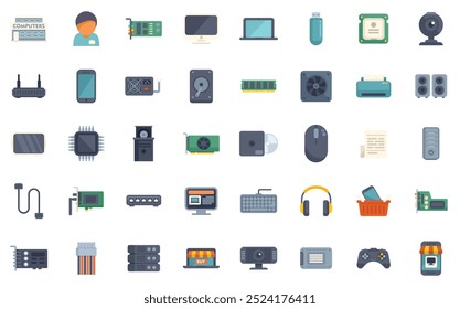 Computer hardware and software icons showing the modern technology used by a computer technician for work and leisure