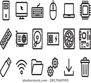 Computer hardware and system component line icons with computer hardware technology components processor graphics harddrive keyboard motherboard electronic settings download internal