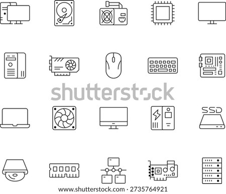 Computer Hardware and Technology Components Line Icon Set - PC Building, IT Infrastructure, and Electronic Equipment Vector Symbols