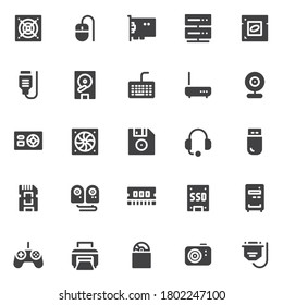 Computer hardware vector icons set, modern solid symbol collection, PC Components filled style pictogram pack. Signs, logo illustration. Set includes icons as CPU processor, power unit supply, cables